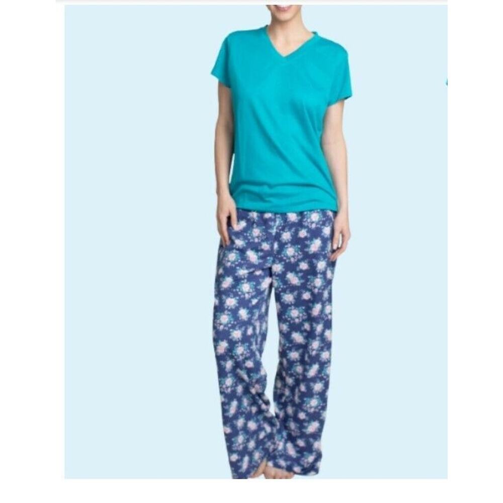 Hanes Comfort Sleep T-shirt & Floral Pants Pajama Set Blue Size S